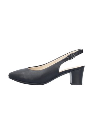 Zapato slingback de cuero negro con punta afilada, correa ajustable con hebilla y tacón bloque.