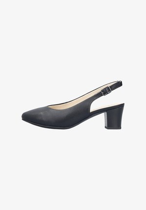 Scarpa slingback in pelle nera con punta affilata, cinturino regolabile con fibbia e tacco a blocco.
