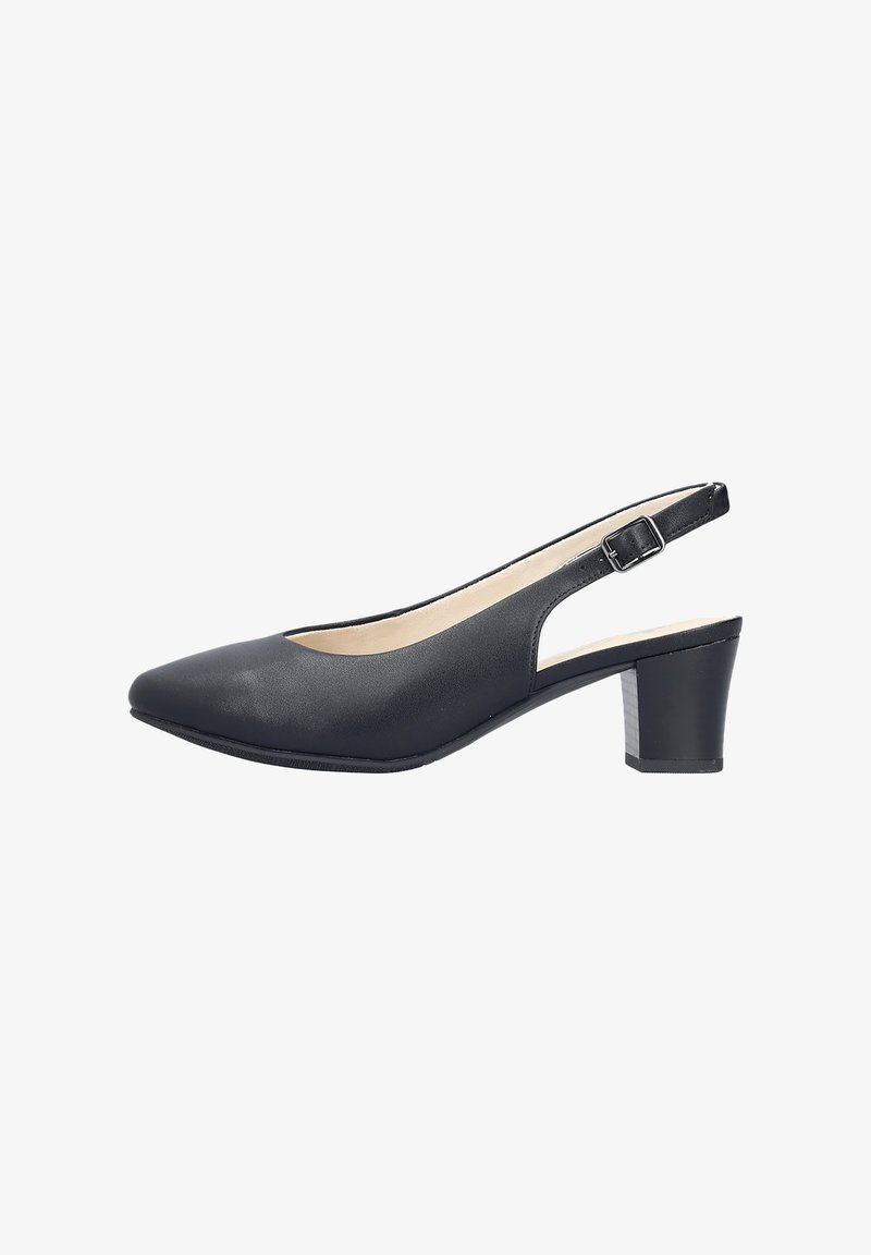 Chaussure slingback en cuir noir avec bout pointu, bride à boucle ajustable et talon bloc.