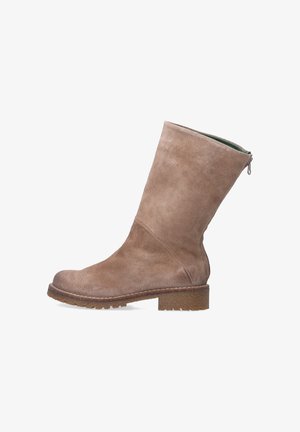 Brown suede ankle boots with a rounded toe, slightly elevated textured sole, and a side zipper. Simple, unadorned design.