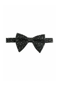 Black bow tie featuring a textured fabric with gold polka dots. The bow has a classic shape, with a smooth finish and adjustable strap.