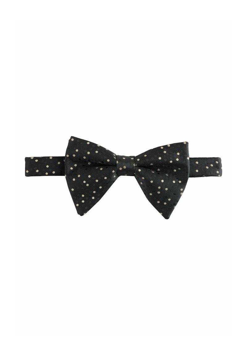 Black bow tie featuring a textured fabric with gold polka dots. The bow has a classic shape, with a smooth finish and adjustable strap.