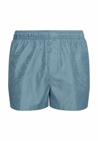 Shorts da bagno azzurri chiari realizzati in tessuto morbido, caratterizzati da un motivo con logo Calvin Klein su tutta la superficie. Vita elasticizzata con tasca posteriore.