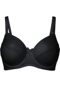 Soutien-gorge nero con coppe preformate, caratterizzato da un tessuto testurizzato nella parte superiore, lati lisci e un dettaglio in raso a forma di fiocco al centro. Spalline regolabili.