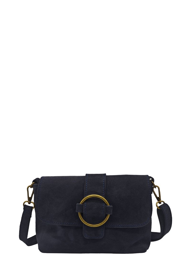 Sac en croûte de cuir bleu marine avec un rabat pliable, fermeture magnétique, quincaillerie circulaire décorative et sangle réglable. Surface texturée.