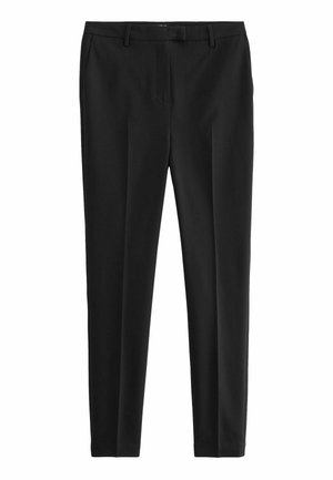 Czarne, obcisłe spodnie wizytowe z szlufkami na pasek, gładkim przodem i kończące się na wysokości kostek.