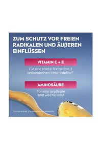 Promotional graphic featuring a gradient blue background with pink text highlighting "Vitamin C + E" and "Aminosäure," with liquid drops in a golden hue.