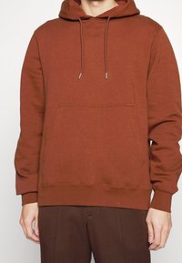 Sweat à capuche en coton marron avec poche frontale, capuche réglable à cordon, et poignets côtelés. Texture lisse, coupe décontractée, détail de marque minimaliste.