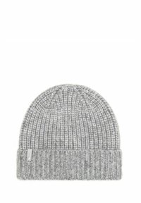 Szary, dziany czapka typu beanie o prążkowanej strukturze i wywiniętym dolnym brzegu. Posiada małą, prostokątną metkę z logo po boku.