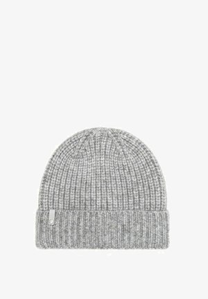 Szary, dziany czapka typu beanie o prążkowanej strukturze i wywiniętym dolnym brzegu. Posiada małą, prostokątną metkę z logo po boku.