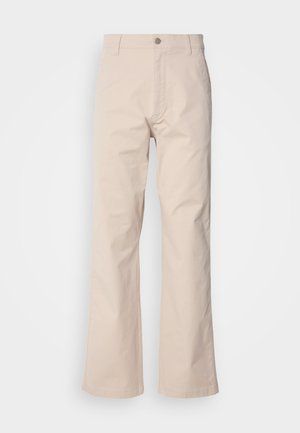 Beige cotton trousers with a straight-leg design, featuring a button closure, front pockets, and minimal stitching detail.