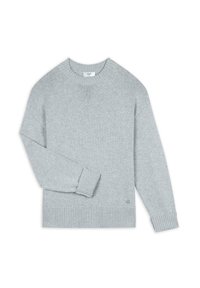 Jasnoszary sweter z okrągłym dekoltem zakończonym ribbrem, długimi rękawami i ribbowanymi mankietami. Posiada subtelny detal z logo na końcu. Miękka tekstura.