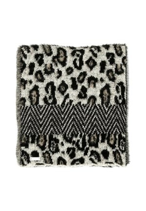 Sciarpa morbida con stampa leopardata beige e nera e una larga striscia a zigzag bianca e nera al centro.