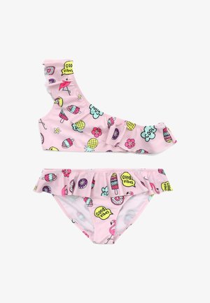 Costume da bagno rosa a spalla unica con dettagli arricciati, caratterizzato da un divertente motivo di gelati, ciambelle e simboli tropicali. Texture liscia.
