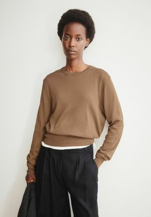 Jeune personne aux cheveux courts et bouclés portant un pull marron sur une chemise blanche et un pantalon noir plissé, debout devant un fond blanc.