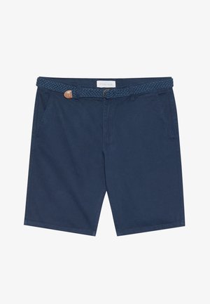 Marineblå shorts laget av bomull, med et flettet belte med brunt lærfeste, sidelommer og rett snitt.