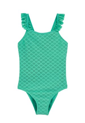 Bañador de una pieza verde con tirantes con volantes, presenta un patrón texturizado de pequeñas formas recortadas. Hecho de un material liso y ligero.