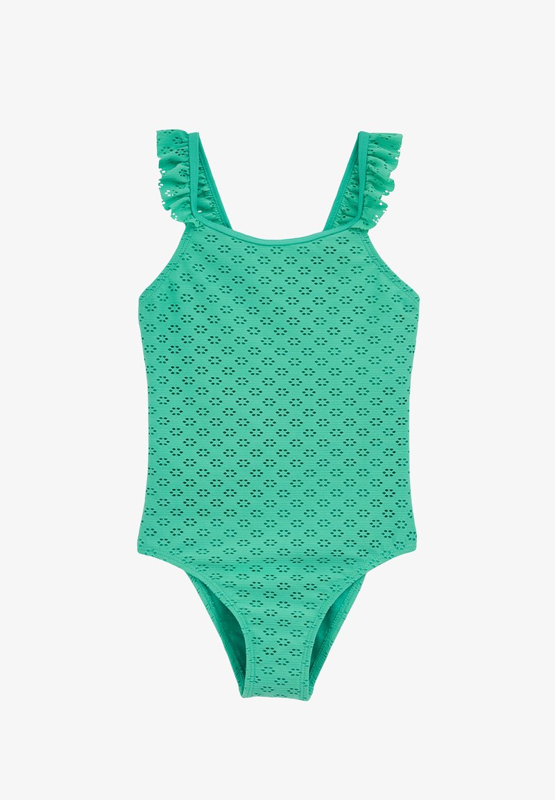 Zelen enodelne kopalke z naramnicami s volančki, ki imajo teksturiran vzorec majhnih izrezanih oblik. Izdelane so iz gladkega, lahkega materiala.