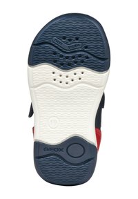 Suola di scarpa in gomma con un motivo a zigzag, caratterizzata da colori blu navy e bianco. Include fori di ventilazione e la dicitura "FLEX SYSTEM".