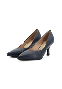 Scarpe décolleté in pelle blu navy con punta affusolata, tacco basso e superficie liscia. Presentano un discreto dettaglio dorato all'interno con logo.