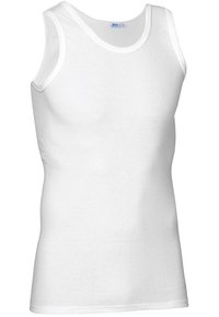 Hvid bomulds tanktop med rund halsudskæring, ærmeløs design og en glat tekstur. Har forstærket syninger ved kanterne.