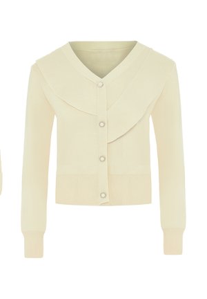 Crèmekleurige cardigan met een grote, omgevouwen kraag, geribbelde manchetten en zoom, voorzien van vijf knoopsluitingen met parelaccenten. Zachte gebreide textuur.