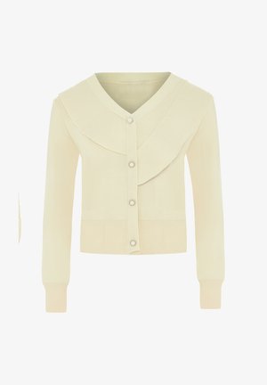 Kremowy kardigan z dużym, złożonym kołnierzem, prążkowymi mankietami i dołem, z pięcioma zapięciami na guziki z perłowymi akcentami. Miękka struktura dzianiny.