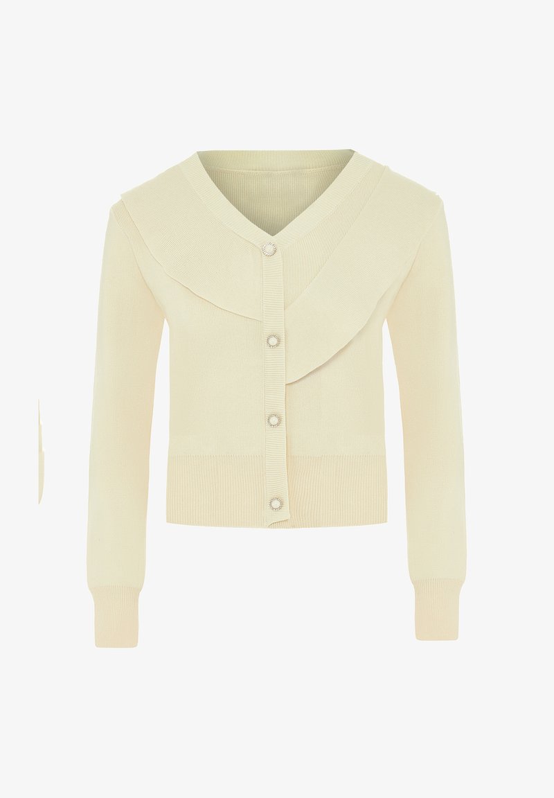 Cardigan crema con un ampio colletto ripiegato, polsini e orlo a costine, dotato di cinque chiusure a bottone con dettagli in perla. Morbido tessuto a maglia.