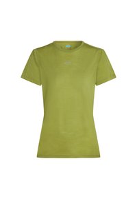 Zielona koszulka z krótkim rękawem, wykonana z fakturowanej tkaniny, z okrągłym dekoltem i subtelnym nadrukiem logo z przodu.