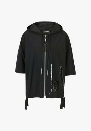 Black hooded jacket made of stretchy fabric, featuring a front zip, short sleeves, drawstring waist, and glossy accent design on the front.