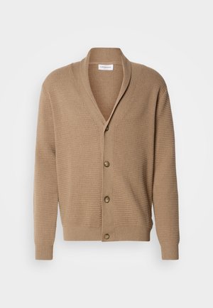 Cardigan bej din tricot cu guler tip șal, având cinci nasturi căprui, mansete cu model canalat și un model texturat pe toată suprafața.