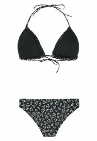 Zwart bikinisetje met een driehoekige top met bloemenprint aan de randen en een bijpassende onderkant met een soortgelijk bloemenpatroon, gemaakt van gladde stof.