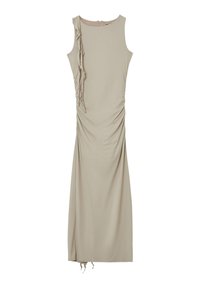 Robe sans manches beige, longueur genoux, avec des fronces sur les côtés et un détail de volants décoratif sur le côté gauche. Tissu lisse et léger.