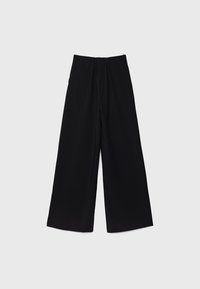 Pantalon noir à jambes larges avec une ceinture élastique, fabriqué en tissu léger, présentant une texture lisse sans motifs visibles.