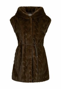 Gilet in finta pelliccia marrone con cappuccio, caratterizzato da un motivo a trecce texture, vita con cintura e aperture per le braccia per una facile vestibilità.