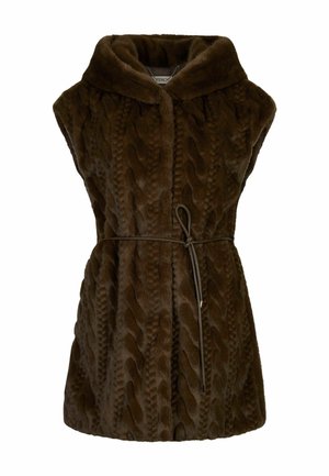 Gilet in finta pelliccia marrone con cappuccio, caratterizzato da un motivo a trecce texture, vita con cintura e aperture per le braccia per una facile vestibilità.