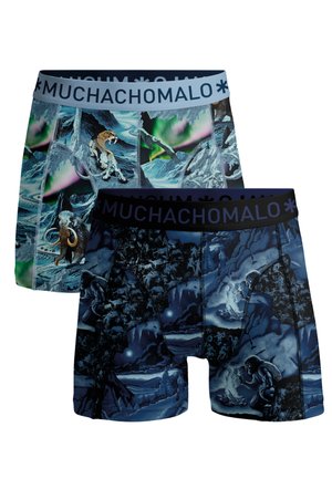 Dve para bokser hlačk s praprajsko tematiko potiskov: ena s sabljozobim tigrom in mamutom, druga s jamskimi ljudmi, ki ponoči ustvarjajo ogenj.