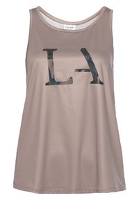 Light brown tank top made of smooth fabric, featuring a large black "LA" graphic with multicolored detailing. Rounded neckline, sleeveless design.