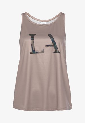 Light brown tank top made of smooth fabric, featuring a large black "LA" graphic with multicolored detailing. Rounded neckline, sleeveless design.