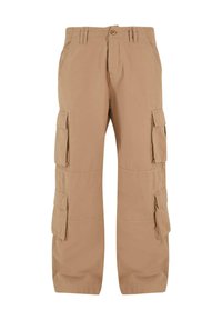 Beige cargo pants with multiple side pockets, straight legs, and a relaxed fit. Made of lightweight fabric with a textured finish.