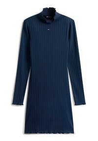 Abito blu navy a coste con maniche lunghe, collo alto con volant e orlo smerlato. Presenta un piccolo logo sul petto. Tessuto liscio.