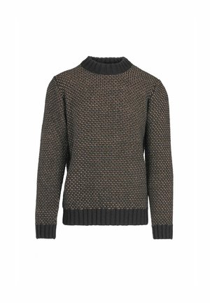 Jersey oscuro de punto con pequeño patrón marrón y negro, puños, bajo y cuello alto redondeado de canalé sobre fondo blanco.