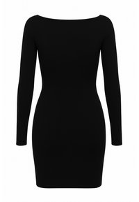 Czarna długosleeved sukienka z żeberkowanym wzorem o dopasowanej sylwetce. Posiada szeroki dekolt odsłaniający ramiona oraz gładką, elastyczną fakturę.