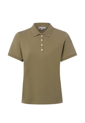 Olivgrünes Polohemd mit kurzen Ärmeln, Kragen und vier weißen Knöpfen auf der Vorderleiste.