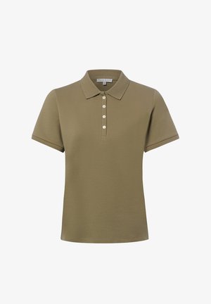 Olivengroene polo met korte mouwen, kraag en vier witte knopen op de voorsluiting.