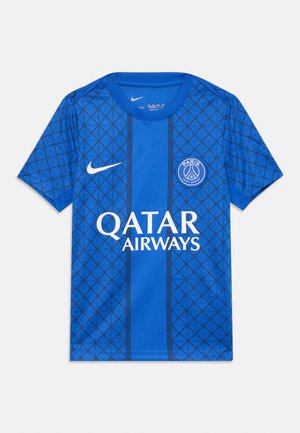 Mėlyna Nike Paris Saint-Germain marškinėliai su geometriniu raštu, apvaliu kaklu, trumpomis rankovėmis ir baltais logotipais Qatar Airways bei komandos.