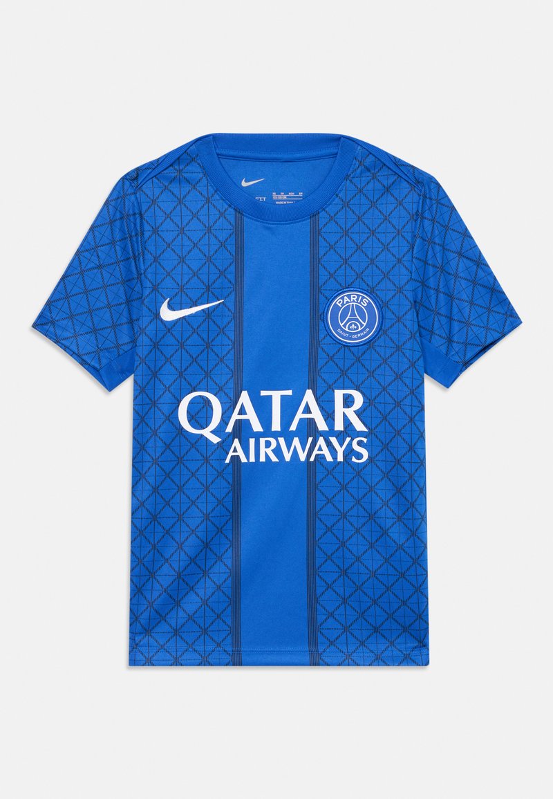 Blue Nike Paris Saint-Germain jersey with a geometric pattern, featuring a round neck, short sleeves, and white logos for Qatar Airways and the team.