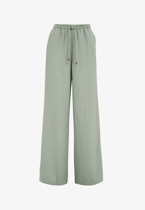 Pantaloni a gamba larga verde chiaro realizzati in tessuto morbido. Presentano una vita elastica con coulisse e sottili dettagli metallici.