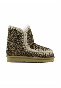 Ankle Boots mit Leopardenmuster, ausgestattet mit einem oberen Teil aus weichem Stoff, beigen geflochtenen Nähten, Fleecfutter und einer Gummisohle für besseren Halt.