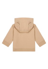 Beige Kapuzenpullover mit abgerundeten Ohren an der Kapuze, gerippten Bündchen und Saum sowie einer glatten, weichen Textur. Rückansicht.